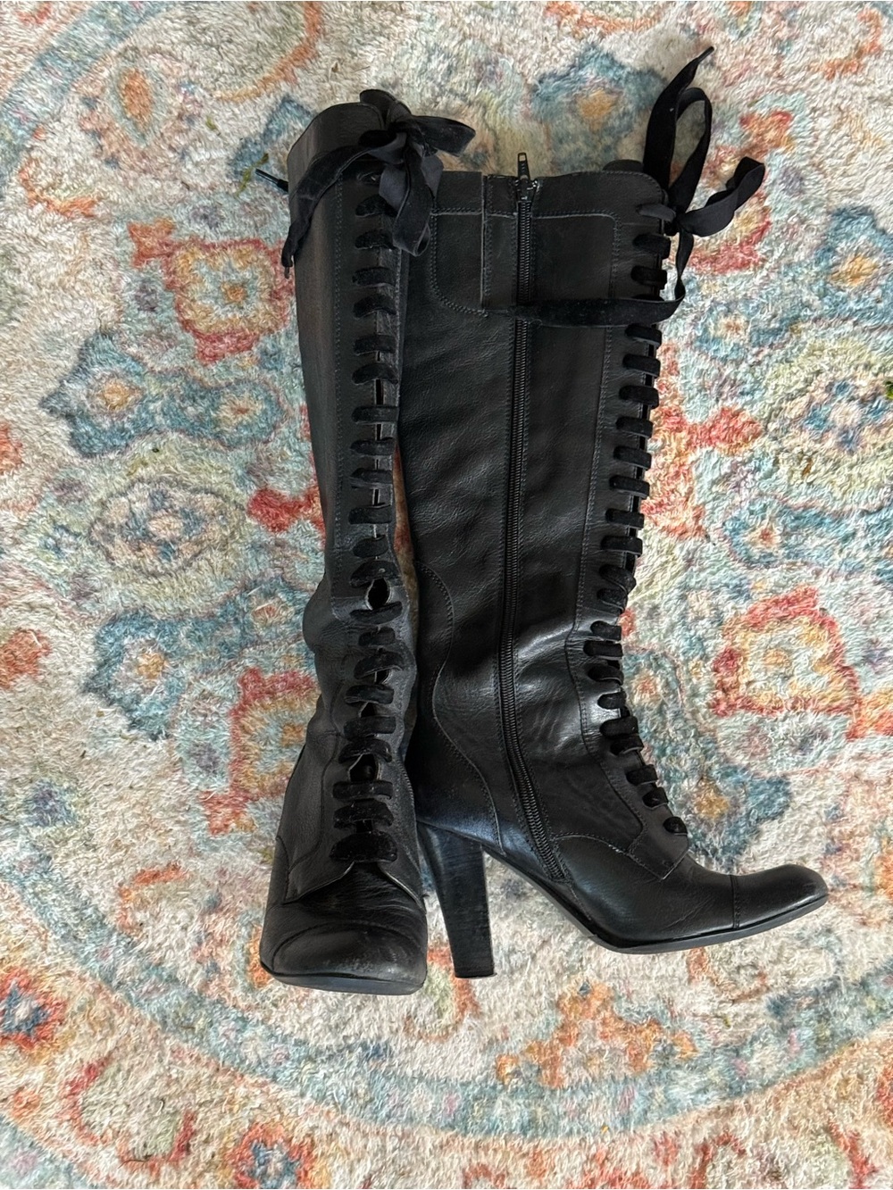 Black Lace-Up Knee-High Heeled Leather Boots - Women